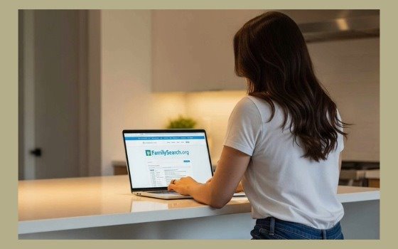 Person looking at genealogy website on laptop