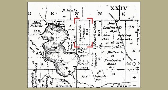 1880 plat map of Carver County. Grimm farm has red brackets around it.
