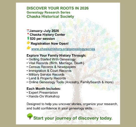 Discover your roots in 2026, genealogy research series, Chaska Historical Society, Start your journey of discovery today