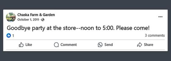 Chaska Farm and Garden last Facebook post about a goodbye party at the store