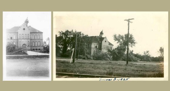 Two pictures showing the Chaska High School bell tower knocked sideways