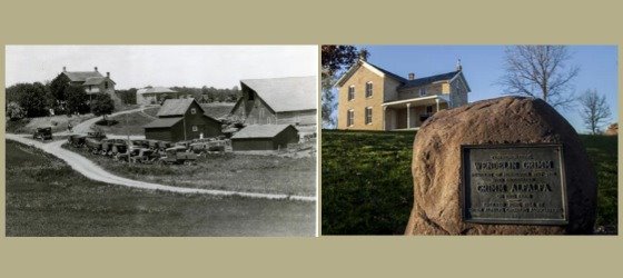 Left - the Grimm homestead in 1924 with cars parked next to barn; Right - memorial marker with home in background