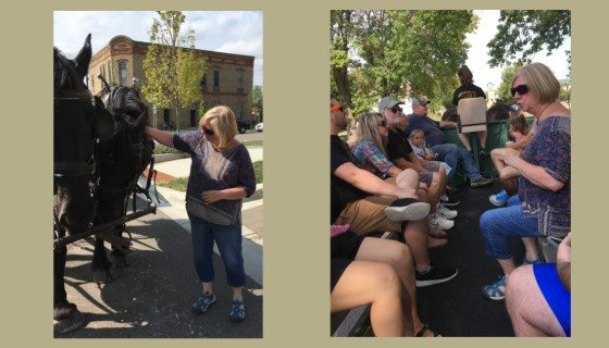 Julie petting a horse, Julie leading a tour