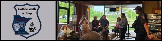 Coffee with a cop logo, people gathered around a police officer at a coffee shop