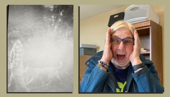 Weird light showing up in an old photo, Julie making a scream face