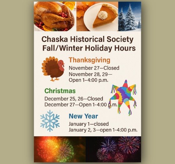 Chaska Historical Society Fall and Winter Hours, Thanksgiving, Christmas and New Year