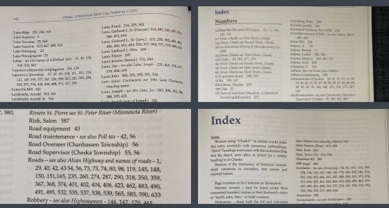 Different views of the index in the Chaska History Book