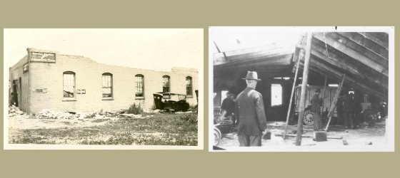 Auto garage without a roof, people inspecting damage inside building