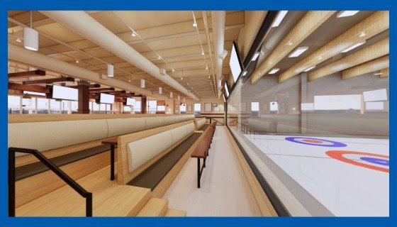 Tiered restaurant seating in The Copperfield facing the curling arena