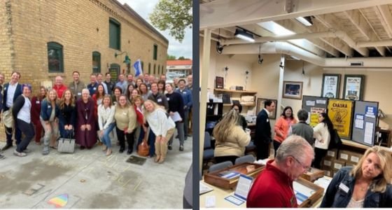 Group photo in front of history center, people looking at exhibit inside of history center