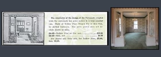 Ad with interior home sketch, interior home showing colonnades