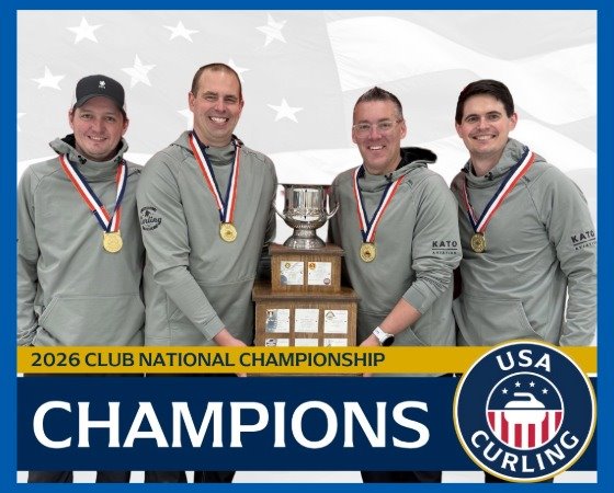 Team Caldwell holding championship trophy for USA Curling Club National Championships
