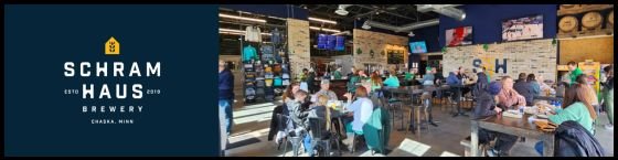 Schram Haus Brewery logo, people sitting in the Schram Haus tap room