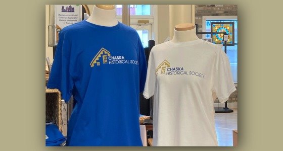 Blue and white t-shirts with the Chaska Historical Society logo on the front
