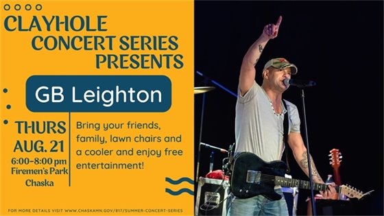 Clayhole Concert Series Presents GB Leighton, Thursday August 21, 6-8PM, Chaska Firemen's Park