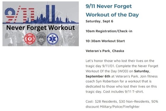 9/11 Never Forget Workout of the Day, Saturday, September 6, 10:30am at Chaska Veteran's Park