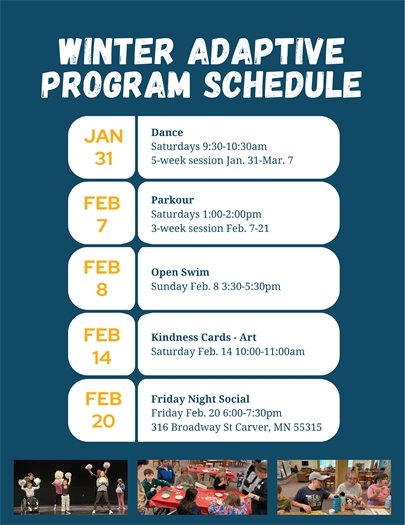 Winter 2026 list of adaptive programs available through Chaska Parks and Recreation