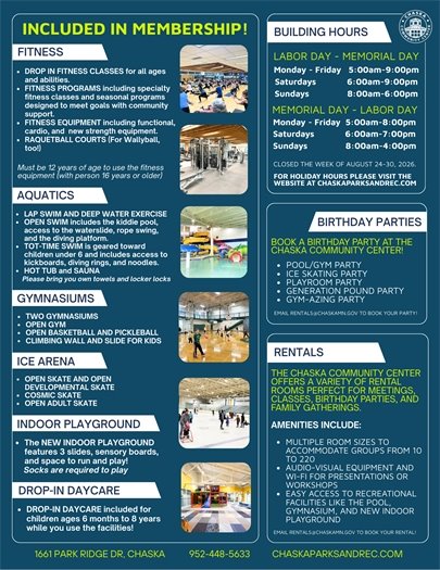this is a list of amenities included in the Chaska Community Center membership