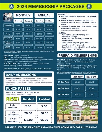 2026 membership package options for the Chaska Community Center