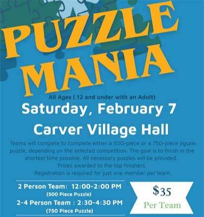 Puzzle Mania Challenge for all ages; Saturday, February 7 at Carver Village Hall