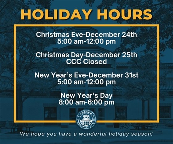 Chaska Community Center Holiday Hours for Christmas and New Years