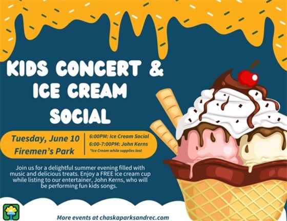 Kids Concert and Ice Cream Social, Tuesday, June 10 at Chaska Firemen's Park from 6-7pm