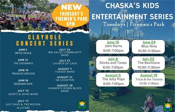 Chaska Clayhole Concert Series, Thursdays, beginning on June 5