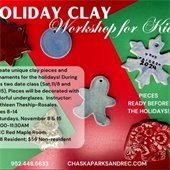 Holiday clay workshop for kids ages 8-14, Saturdays, November 8 and 15 from 10:00-11:30am