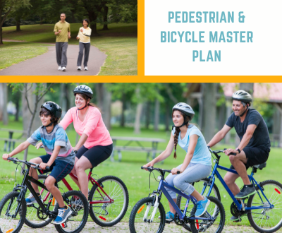 Couple walking, family biking, Pedestrian and Bicycle Master Plan