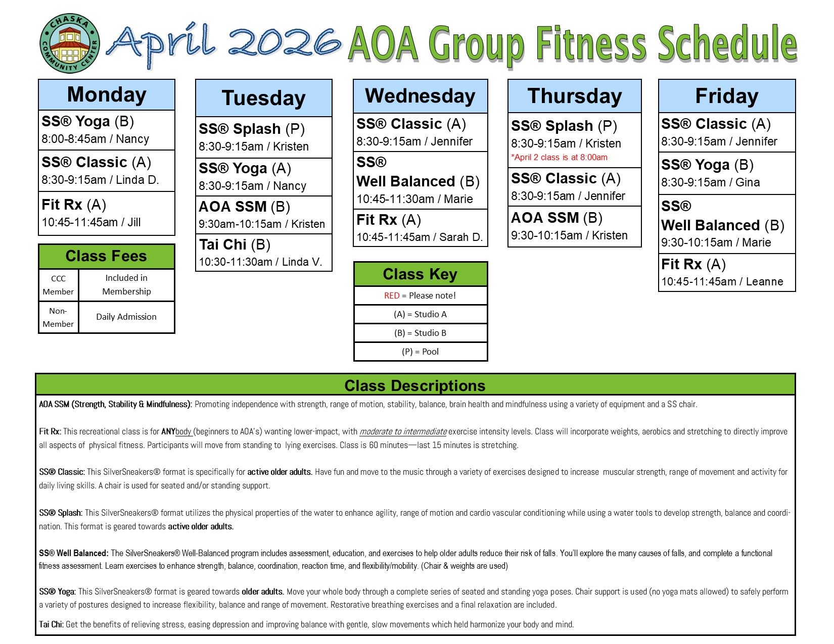 AOA April Group Fitness Schedule